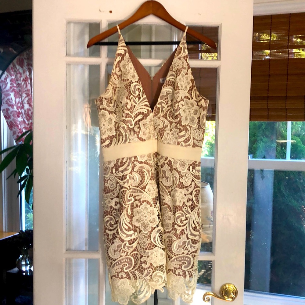 Dress the population Large ivory lace cocktail dress with lining.